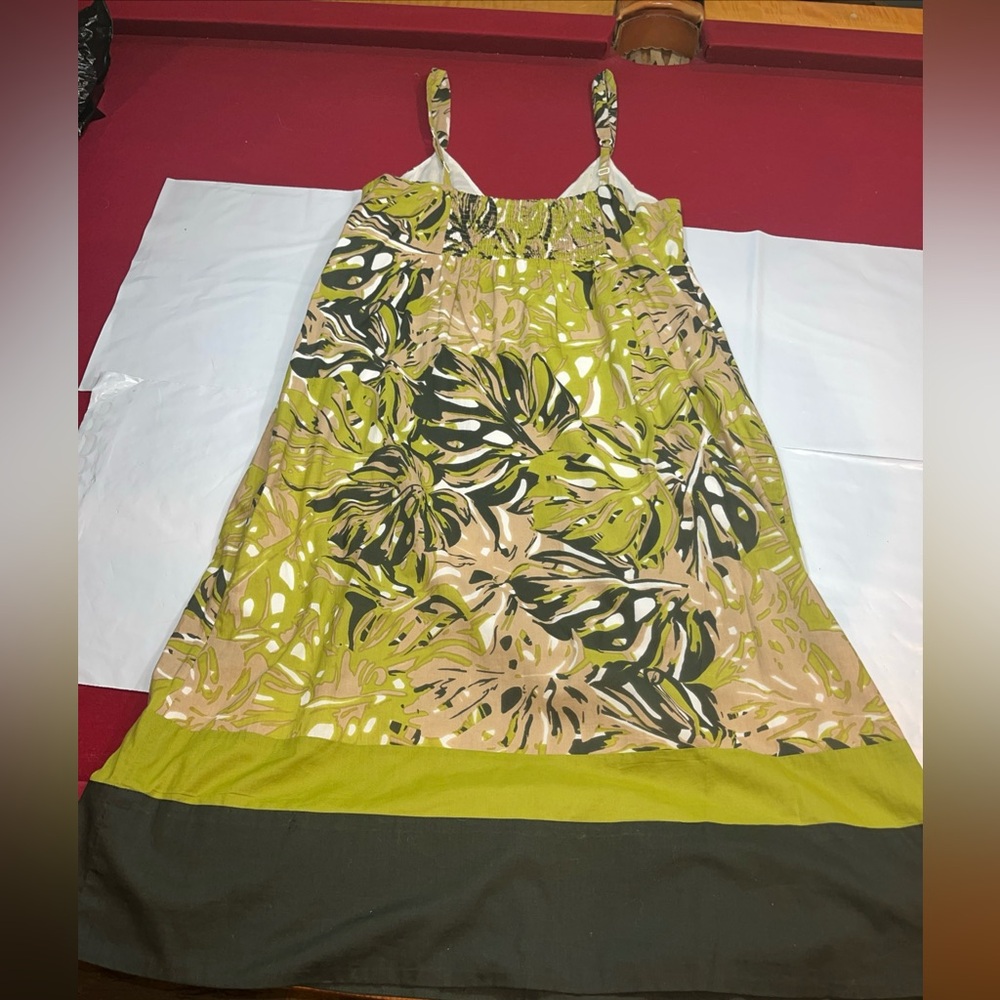 Long Tall Sally BLACK Olive Cotton Sun DRESS flowers V Neck MIDI Lined, SIZE 16 - Picture 5 of 16